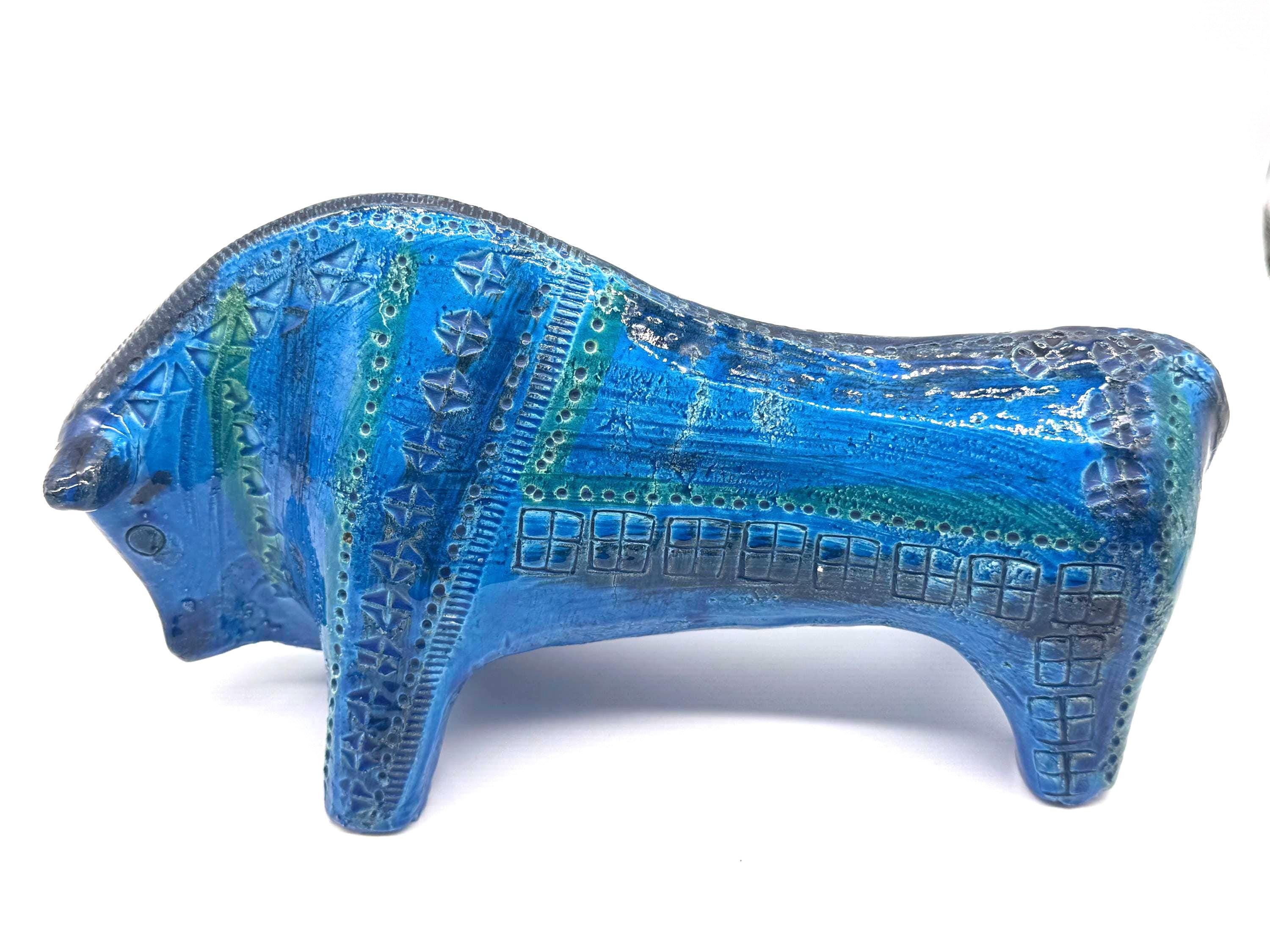 Vintage Bitossi Aldo Londi Bull Figurine, Rimini Blue Glaze | 1970s Italian Ceramic Sculpture