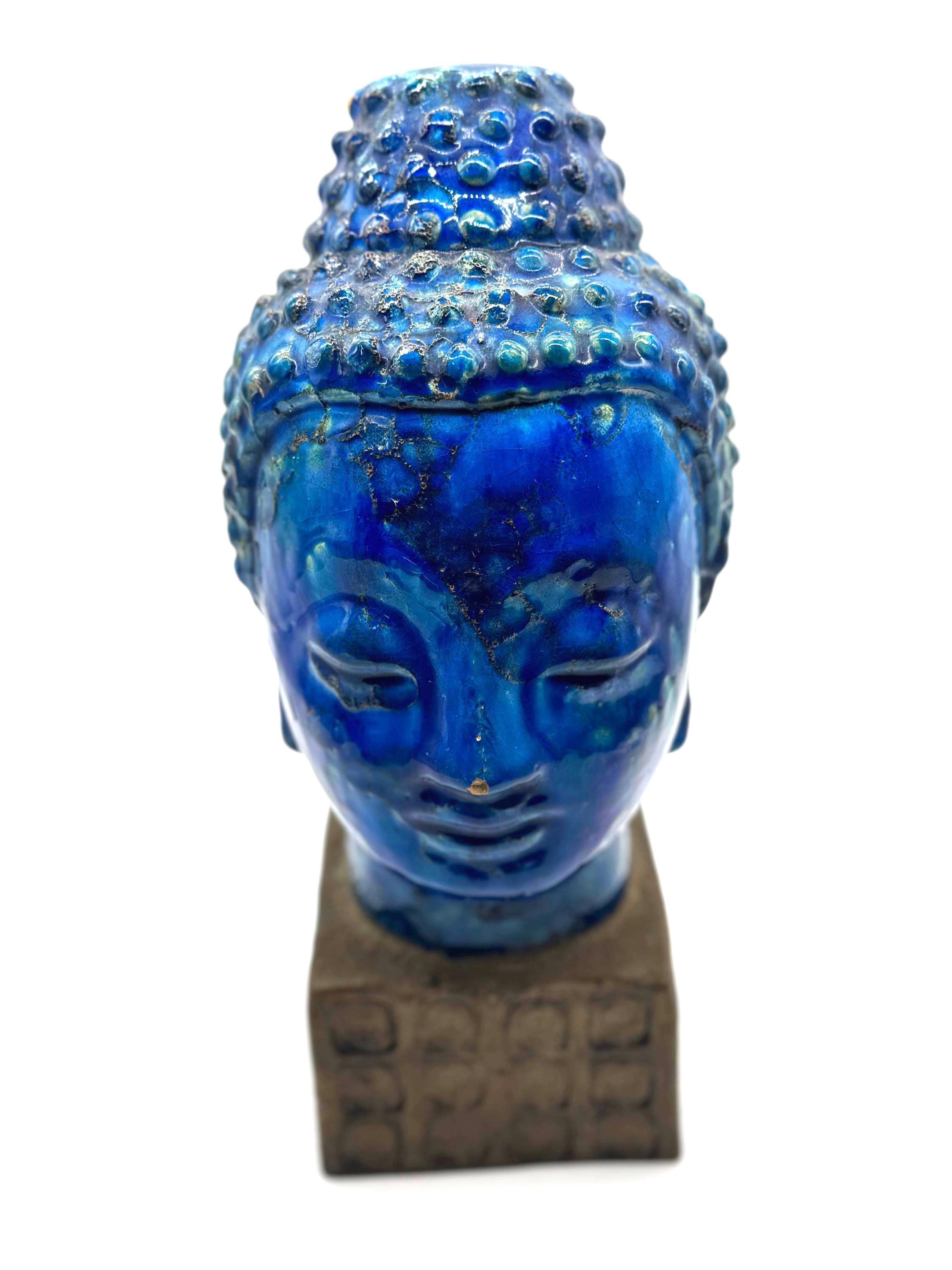Vintage Bitossi Aldo Londi Buddha Head Ceramic Sculpture, Cinese Glaze | 1960s Italian Pottery