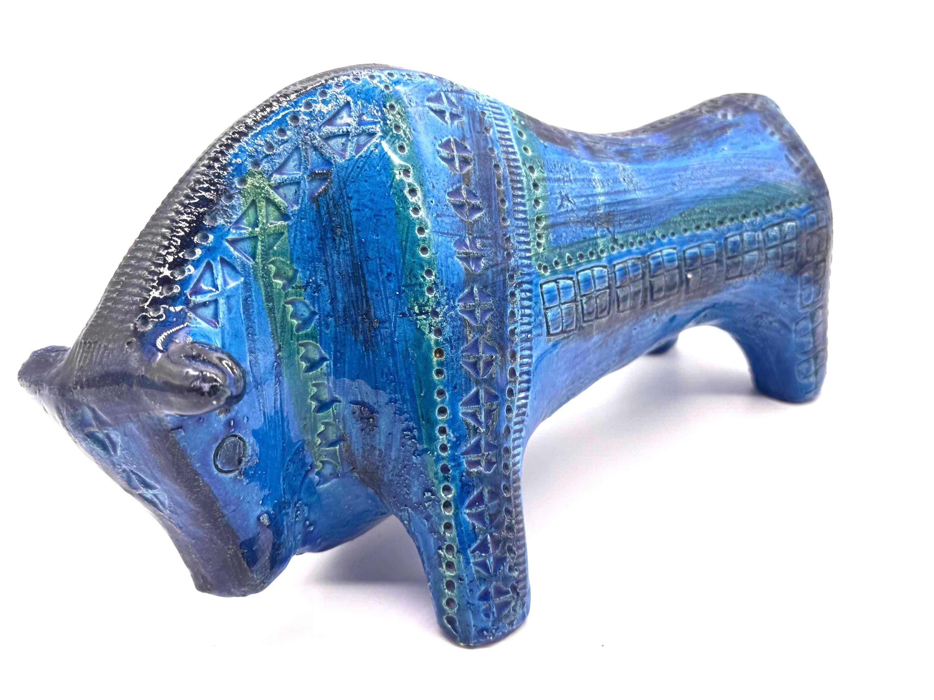 Vintage Bitossi Aldo Londi Bull Figurine, Rimini Blue Glaze | 1970s Italian Ceramic Sculpture