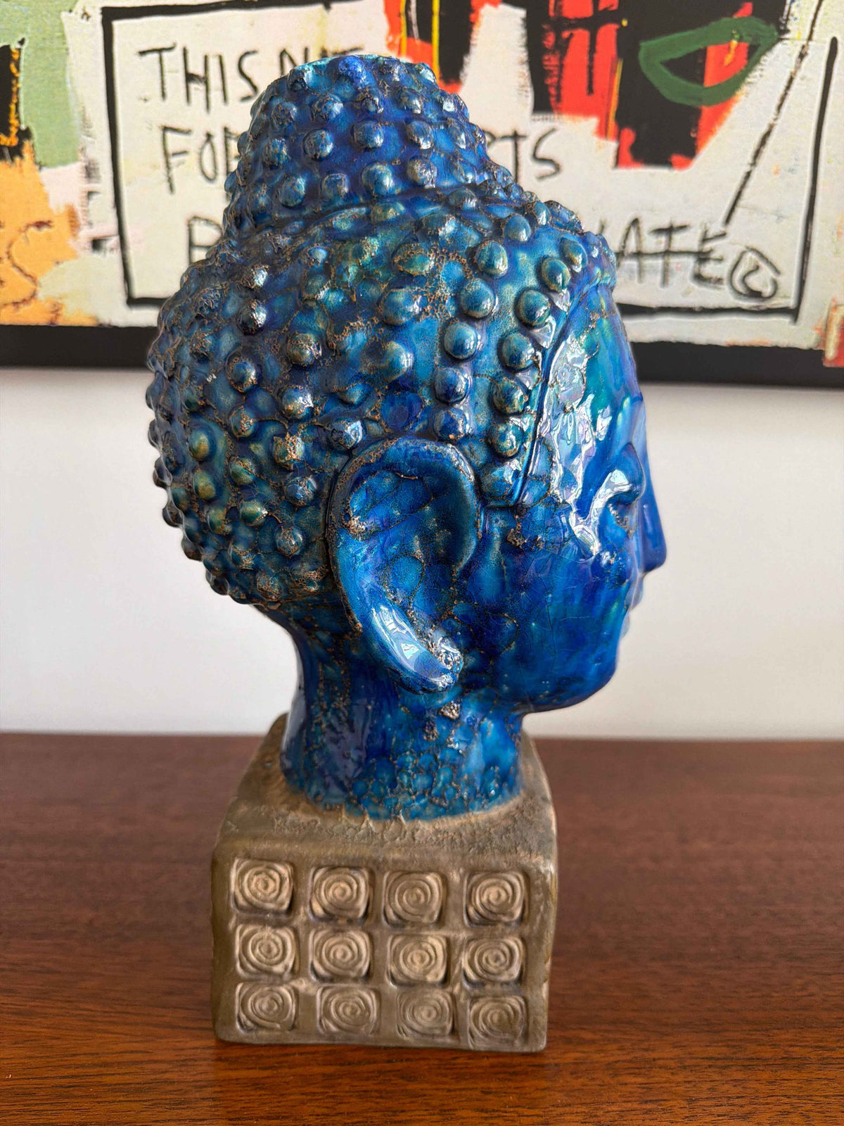 Vintage Bitossi Aldo Londi Buddha Head Ceramic Sculpture, Cinese Glaze | 1960s Italian Pottery