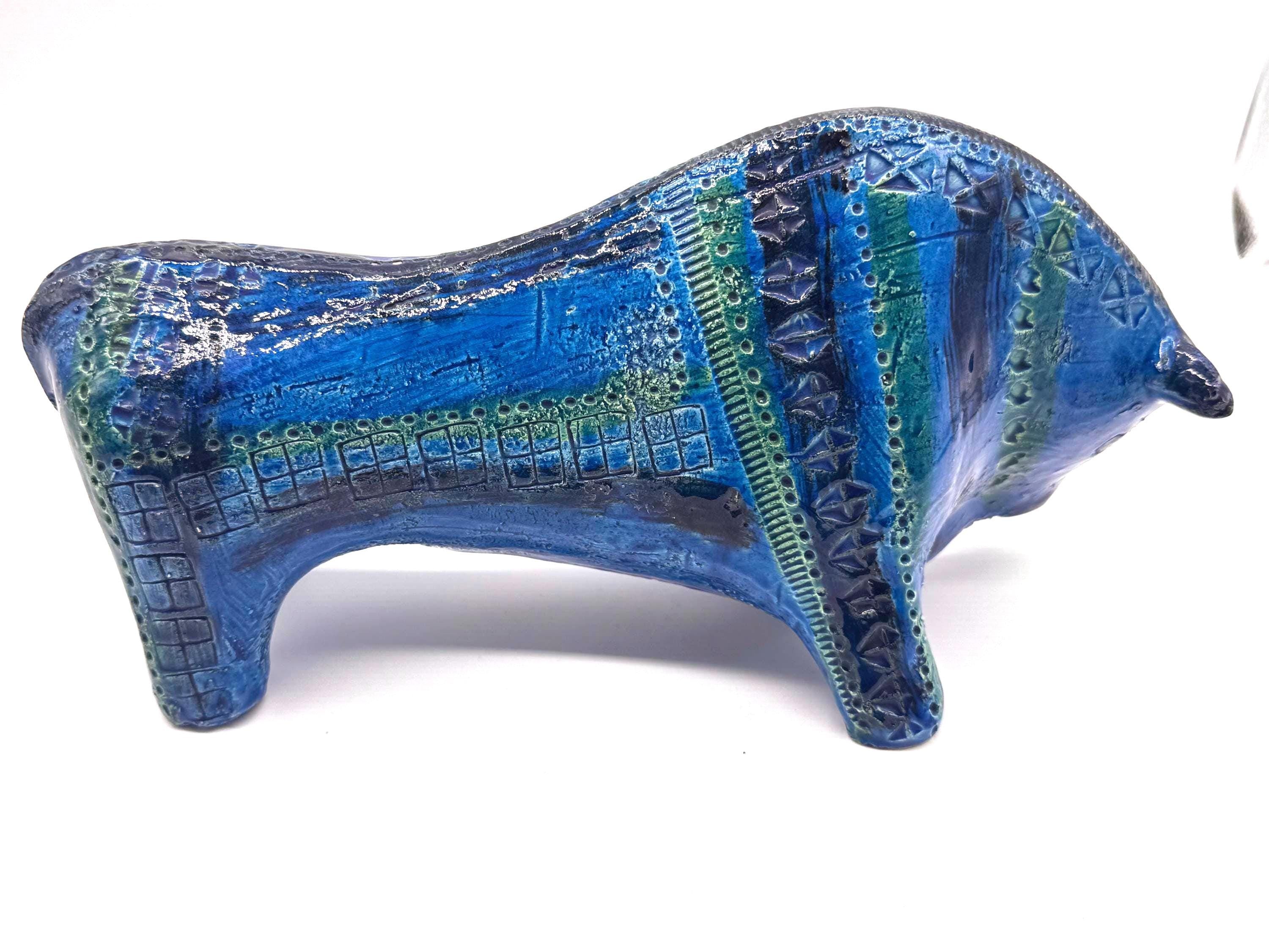 Vintage Bitossi Aldo Londi Bull Figurine, Rimini Blue Glaze | 1970s Italian Ceramic Sculpture