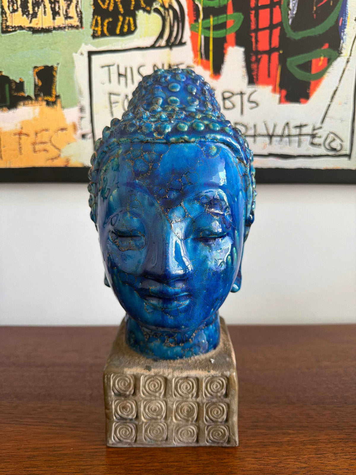 Vintage Bitossi Aldo Londi Buddha Head Ceramic Sculpture, Cinese Glaze | 1960s Italian Pottery