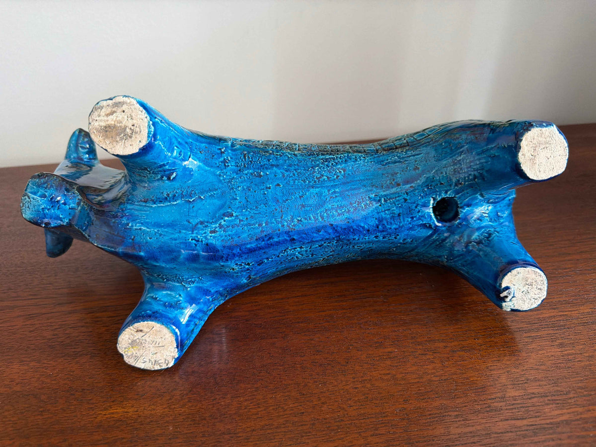 Vintage Bitossi Aldo Londi Bull Figurine, Rimini Blue Glaze | 1970s Italian Ceramic Sculpture