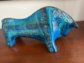 Vintage Bitossi Aldo Londi Bull Figurine, Rimini Blue Glaze | 1970s Italian Ceramic Sculpture