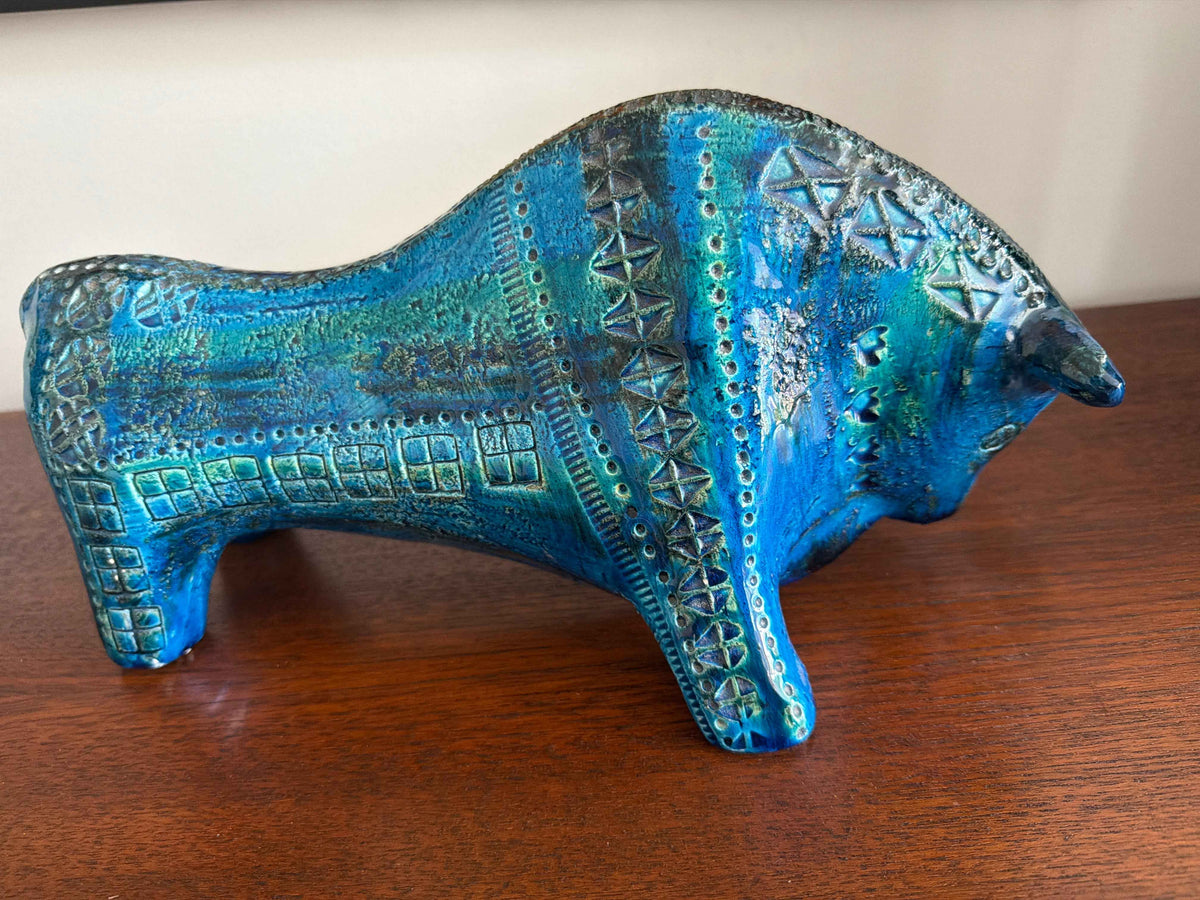 Vintage Bitossi Aldo Londi Bull Figurine, Rimini Blue Glaze | 1970s Italian Ceramic Sculpture