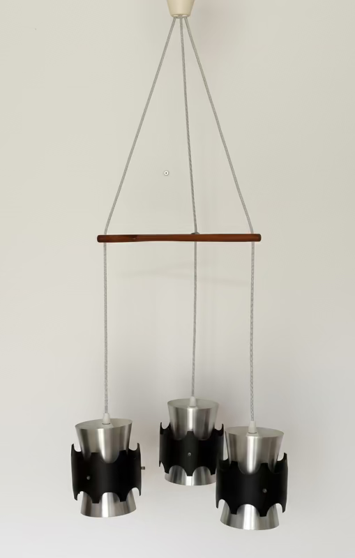 Vintage Danish Aluminium & Teak 3-Pendant Light | 1960s Mid-Century Modern Lighting