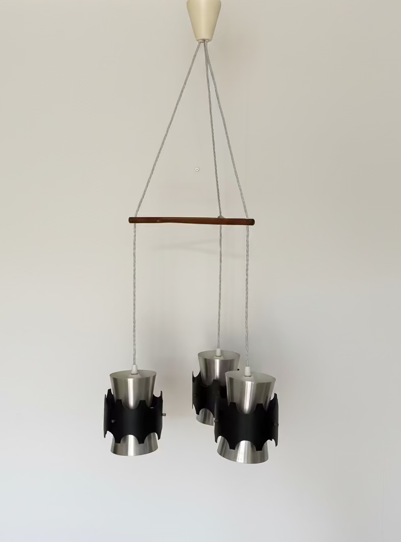 Vintage Danish Aluminium & Teak 3-Pendant Light | 1960s Mid-Century Modern Lighting