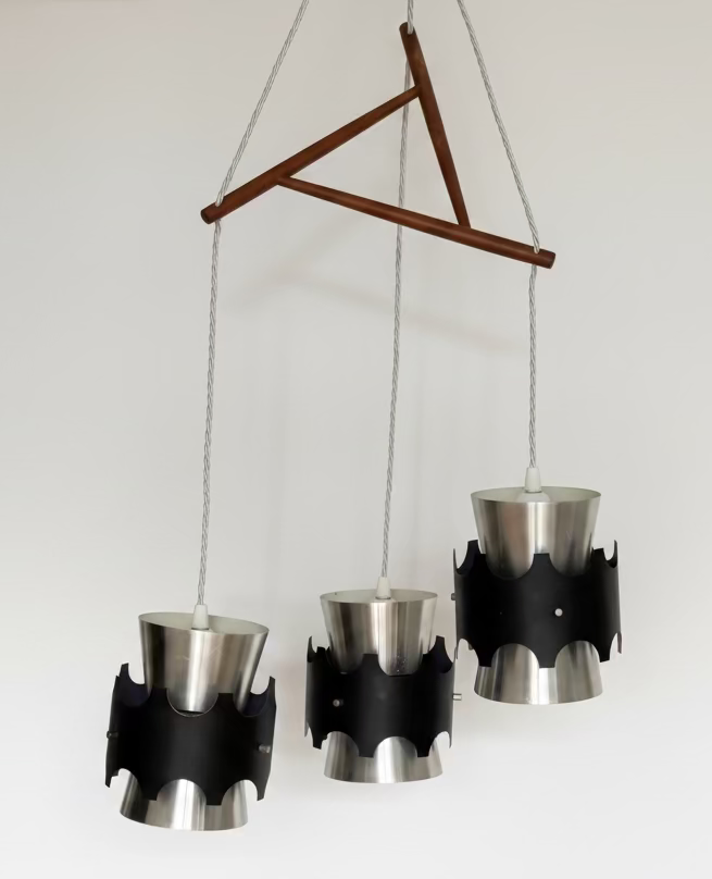 Vintage Danish Aluminium & Teak 3-Pendant Light | 1960s Mid-Century Modern Lighting