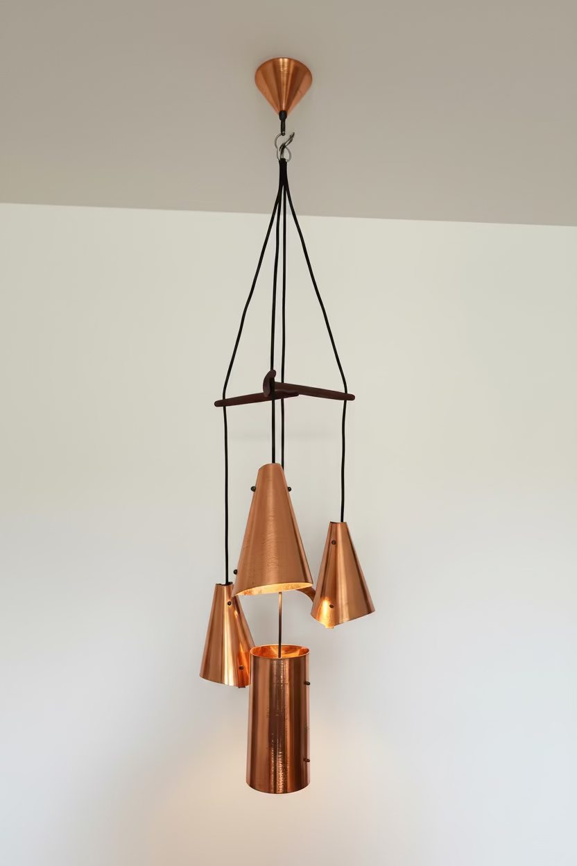 1960s Danish Brutalist Hammered Copper 4-Light Cluster Pendant by E.S. Horn