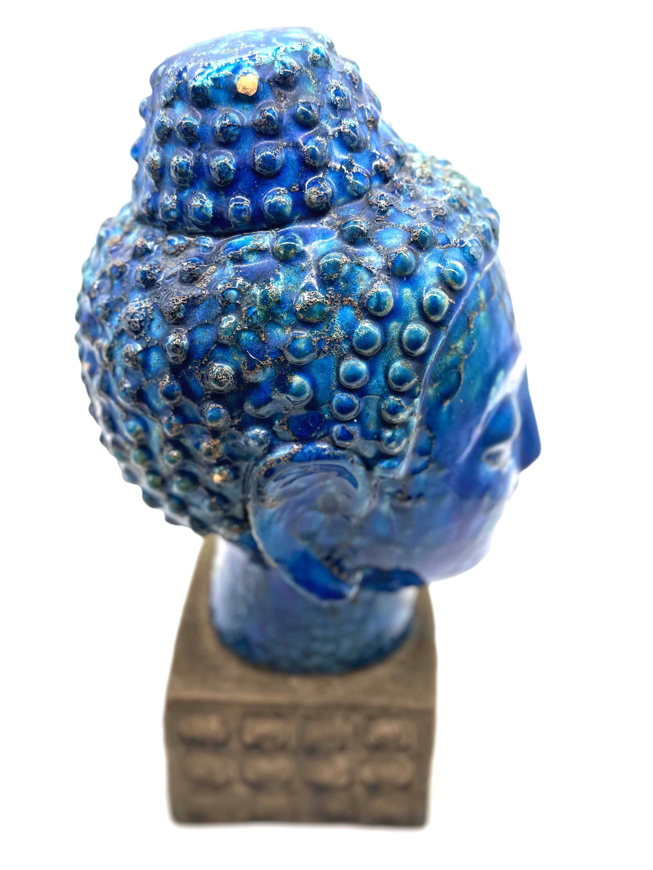 Vintage Bitossi Aldo Londi Buddha Head Ceramic Sculpture, Cinese Glaze | 1960s Italian Pottery